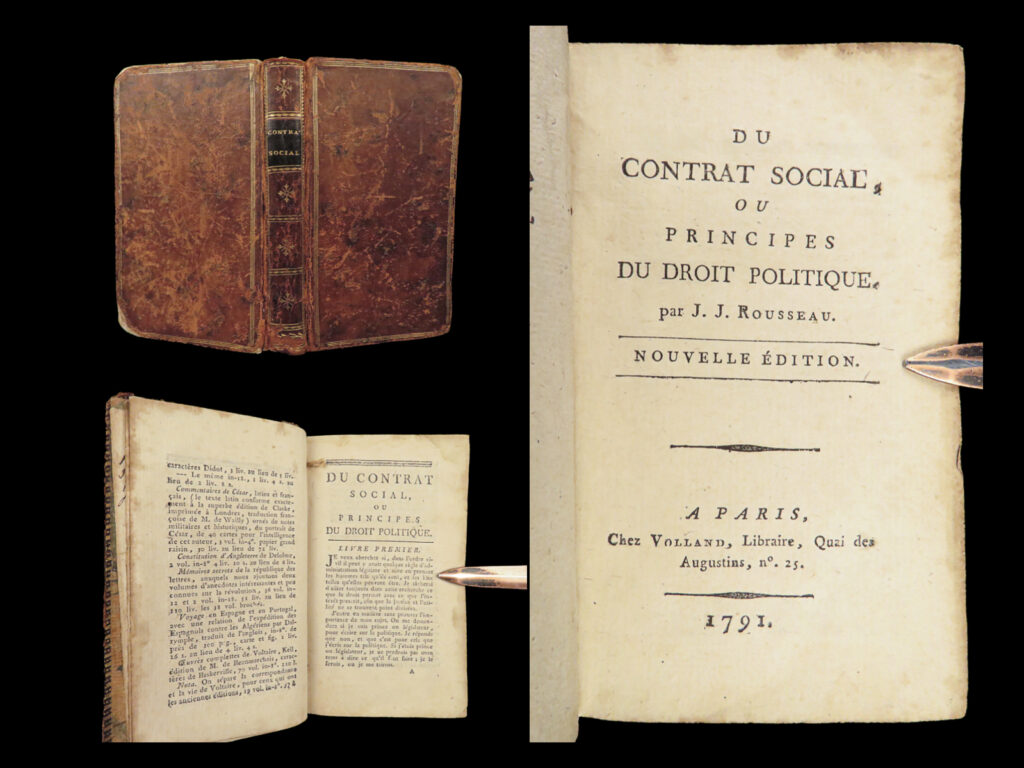 1791 rousseau social contract political philosophy french revolution paris rare | <em>“there is peace in dungeons, but is that enough to make dungeons desirable? ”</em> ― jean-jacques rousseau<em>, the social contract</em> <em> </em> <em>“the social contract” </em>by jean-jacques rousseau is one of the most important works on political science: social norms and the legitimate authority of politics and law. Rousseau concludes a portion of this work with the quote “force does not create right, reminding the reader that being able to coerce someone does not legitimize power.   this work helped inspire and create political reforms in europe, particularly france. Rousseau argued for democracy in lieu of a more oppressive aristocracy or monarchy.   this 1791 edition was published in paris by volland.   item number: #27976 price: $599