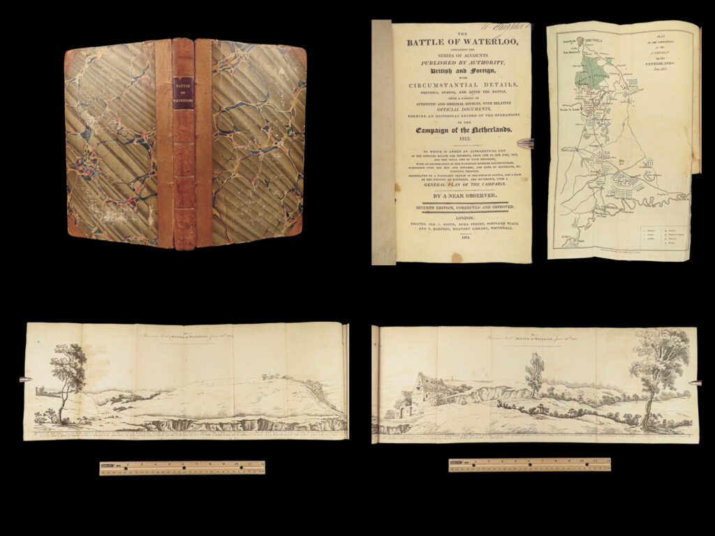 1815 battle of waterloo napoleon netherlands campaign color illustrated maps | ‘<em>battle of waterloo</em>’ is a compilation of circumstantial details of the events of waterloo. It is an impressive visual account of the historical account of the campaign in the netherlands in 1815, illustrating various scenes and maps. It includes notable stories of napoleon, battle strategy, and his surrender at paris.   this 1815 edition includes two folding maps of the battle and two long colored foldout illustrations and a table of the fallen and bio of many of the british officers.   item number: #27677 price: $599