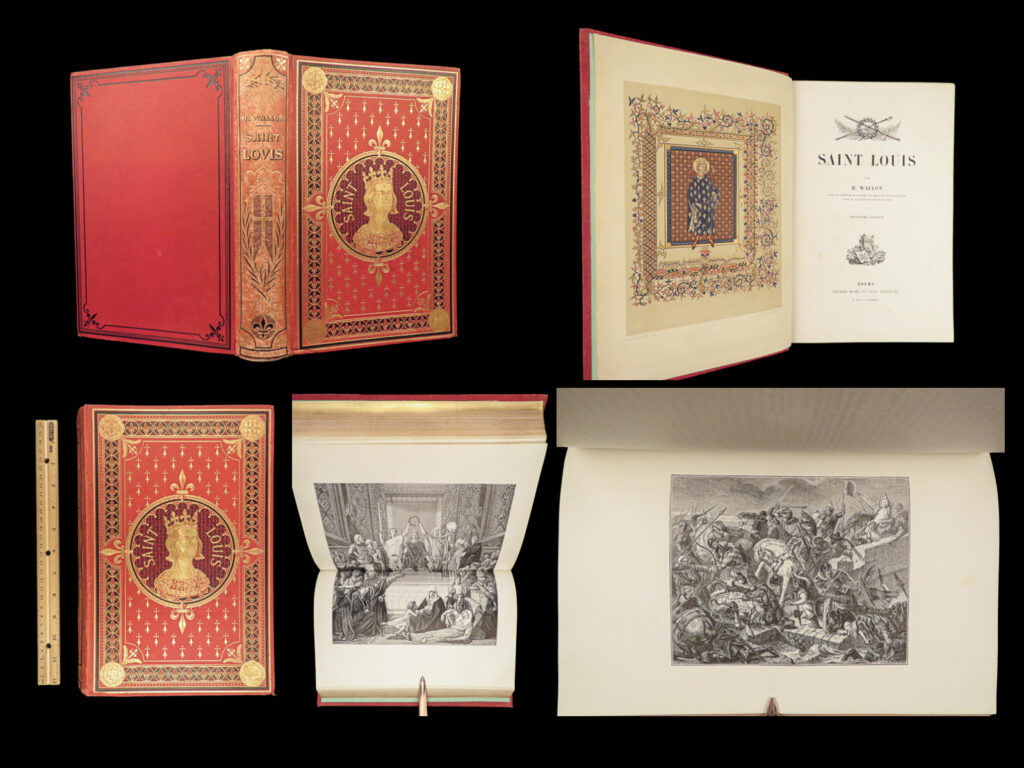 1887 exquisite fine binding saint louis renaissance france art illustrated | henri wallon’s ‘<em>saint louis</em>’ is one of the most thorough biographical sketches on louis ix of france. Wallon, however, writes on more than just the life of louis ix. He describes french architecture, numismatics, politics, military, war, along with dozens of other topics. Other topics include louis’s interest in science and poetry, attempts at gothic art, music, and sculpture, catholic devotion, and 13<sup>th</sup>-century french society. <em> </em> this beautiful 1887 edition of wallon’s ‘<em>saint louis</em>’ features an impressive collection of artworks from various artists including paquier, toussaint, garcia, hurel, meaulle, and soupey; nine of which are chromolithographs.   item number: #27596 price: $550