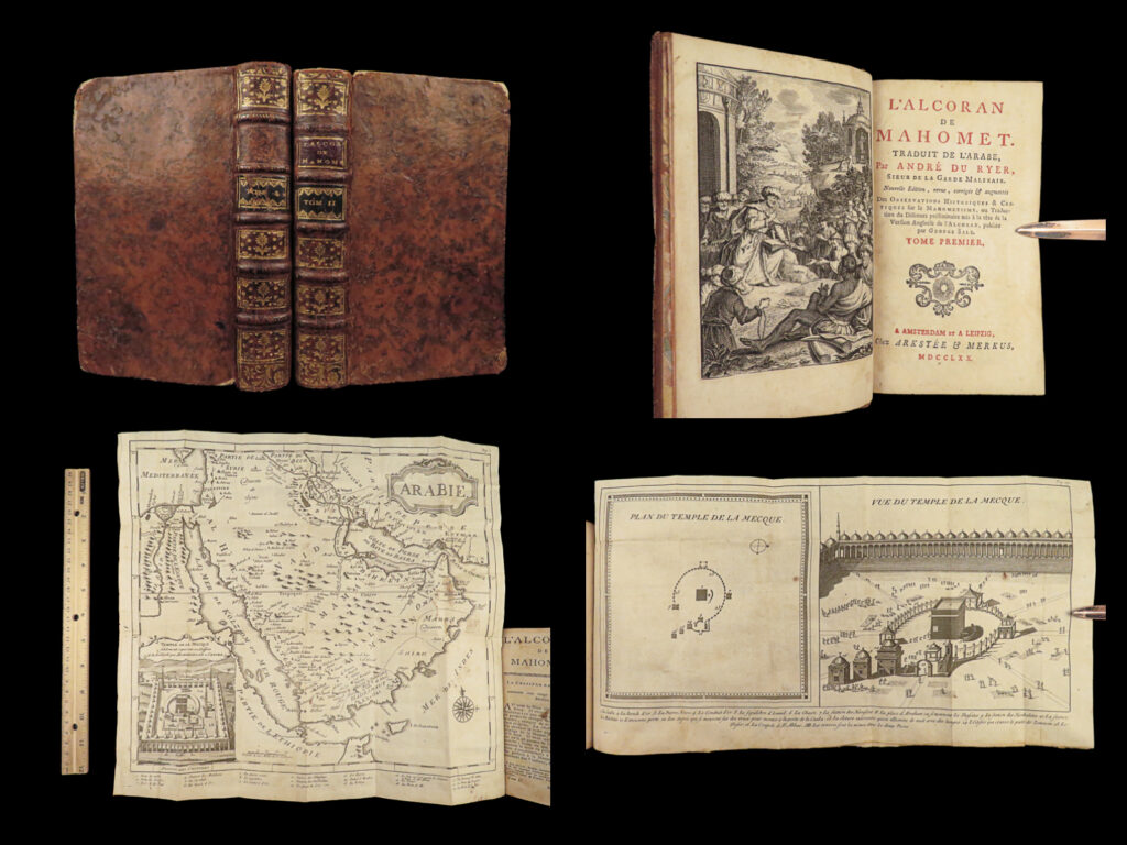 1770 quran koran islam mohammed mahomet du ryer banned muslim alcoran |   a rare, 18<sup>th</sup>-century printing of the quran in french. This highly desirable islamic text was translated by andre du ryer, known for his accuracy in french translations. Du ryer translated this work out of the arabic into french; however, it was not well-received by the catholic church. In fact, <strong>catholic priest vincent de paul prohibited the distribution of this work – the first french quran to be banned when it was originally published! </strong>   this highly desirable and valuable french quran features genealogical tables of islamic sects and an impressive folding illustration of the temple (great mosque) at mecca.   item number: #28006 price: $795