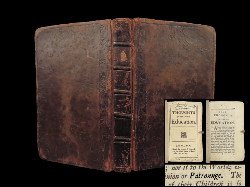1693 true 1ed john locke concerning education goblins boogeyman bloody bones | after studying medicine under the teaching of thomas sydenham, john locke began his journey of philosophical thinking that would develop into some of his most famous works. In 1693, locke published a treatise on education entitled ‘<em>thoughts concerning education’</em>. Throughout the 18<sup>th</sup>-century it was <strong><u>the most important work on the philosophy of education in england</u></strong>. This work was an extension from ‘concerning human understanding’ in which he describes how to educate the ‘blank slate’ mind described in<em> ‘human understanding’. </em> perhaps the most intriguing sections found in this work is locke’s perspectives on <u>goblins, sprites, and the boogeyman</u>! Locke describes recorded instances of <strong>bloody-bones</strong> being used to scare children into behaving! From this 17<sup>th</sup>-century printing: “it being the usual method of servants to awe children and keep them in subjection, by telling them of raw-head and bloody-bones, as carry with them the ideas of some hurtful terrible things in habiting darkness. ” (p. 159) this incredibly rare printing is notable for being one of the earliest printed editions of locke and includes the desirable text misprint in the dedication. <u>an absolutely incredible printing of locke’s “<em>education</em>”! </u>   item number: #26181 price: $7500