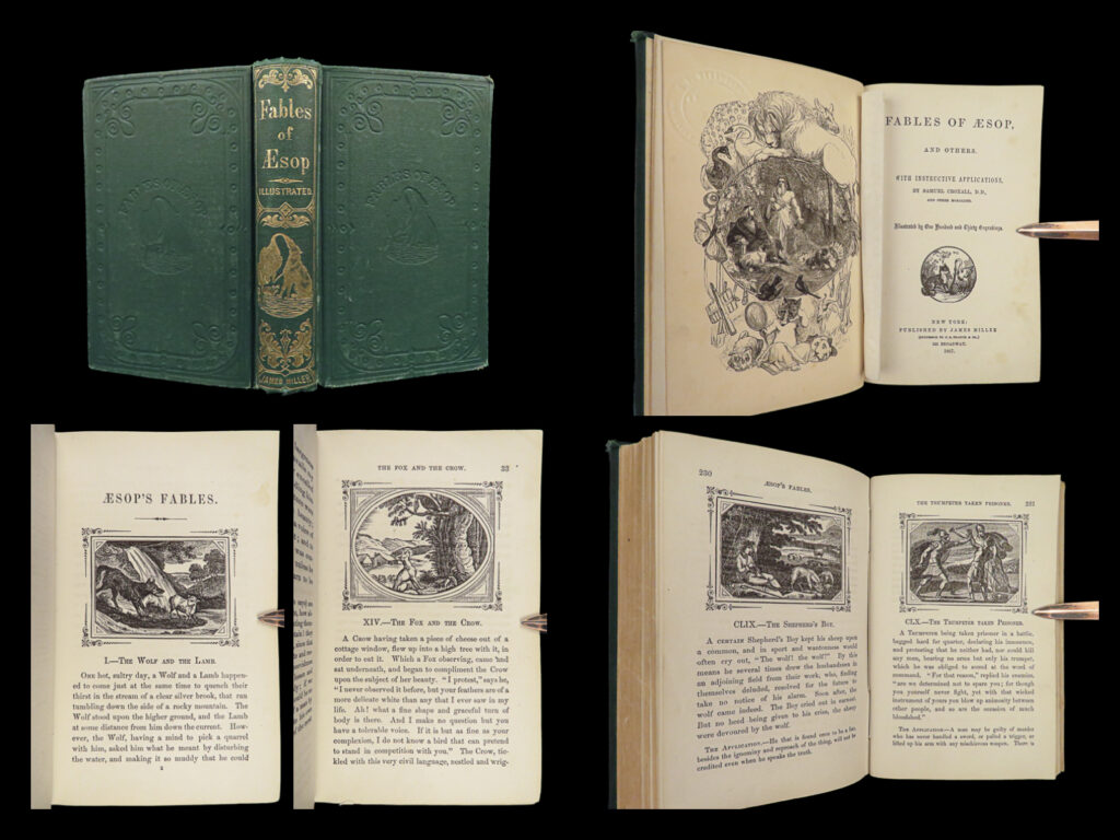 1867 english aesop’s fables mythology 197 woodcuts illustrated croxall famous | <em> </em> <em>“a doubtful friend is worse than a certain enemy. Let a man be one thing or the other, and we then know how to meet him. ” </em> ― aesop<em>, aesop's fables</em> aesop’s fables have been printed for centuries and include some of the most famous fables and tales of all time. This rare 1867 edition of aesop includes the english translation of samuel croxall and includes nearly 200 fables, most of which are accompanied with an engraving depicting the fable’s events.   item number: #27206 price: $399