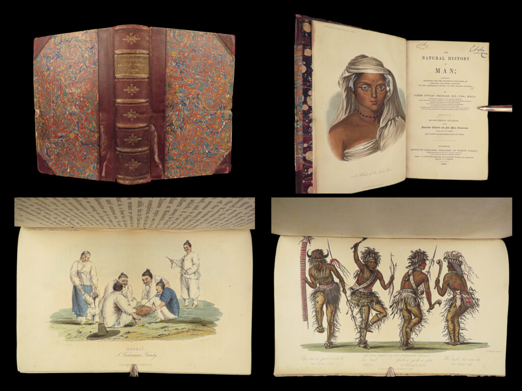 1843 natural history of man evolution science iroquois algonquin indians art | james cowles prichard was one of the most prolific 19<sup>th</sup>-century english ethnologists much in part to his studies in natural selection in humans. He wrote important surveys of evolutionary sciences and theories including both ‘<em>physical history of man’ </em>and<em> ‘natural history of man</em>’. The latter, which proved to be one of the best works on monogenism, describes the commonalities and differences in humans with an emphasis in physical traits.   this 1845 edition of prichard’s ‘<em>natural history of man’</em> includes numerous full-page color engravings as well as countless other in-text illustrations, perhaps the most desirable is that of the algonquin and iroquois indians!   item number: #27635 price: $750  