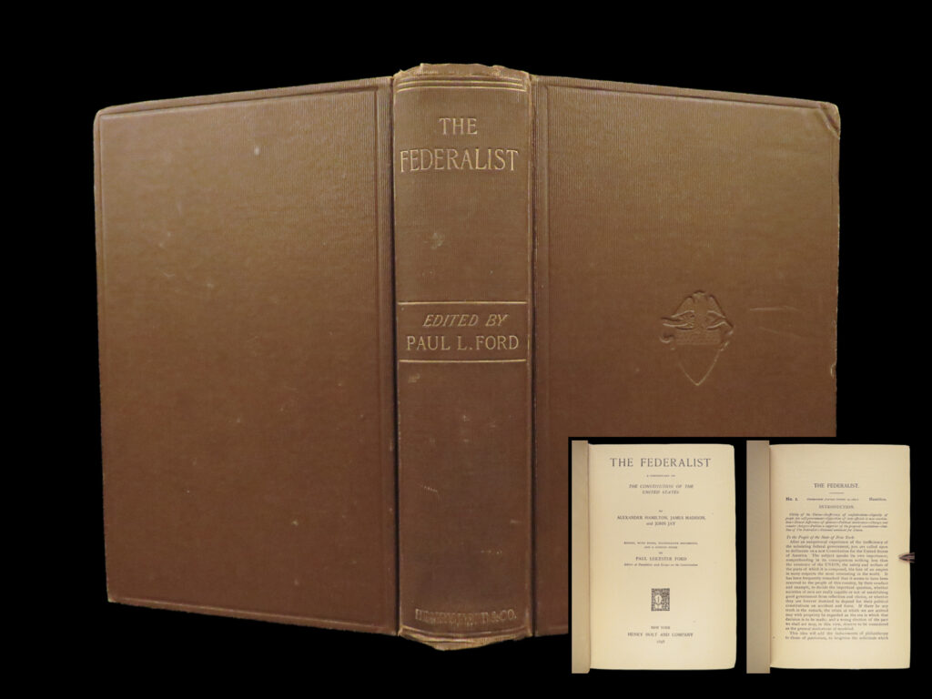 1898 federalist papers united states constitution hamilton madison jay americana |   <strong>“<u>the most famous and influential american political work! </u>” </strong>(howes)   ‘<em>the federalist,</em>’ was a collection of articles and essays by famous founding fathers in the hopes of promoting the ratification of the united states constitution. Alexander hamilton, john jay, and james madison presented arguments that helped establish the term ‘federalism,’ discussed the bill of rights, and early commentary on checks and balances in the judicial system.   this rare 1898 edition was published in new york and includes notes, commentary, and extensive edited documents by paul leicester ford.   item number: #27703 price: $499