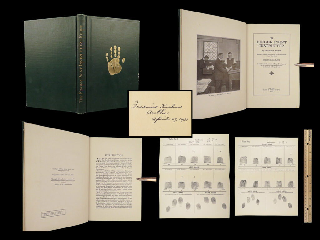 1916 fingerprint instructor 1st ed forensic criminal science crime kuhne signed |   frederick kuhne’s “<em>the finger print instructor</em>” is a famous, landmark work in the world of criminal investigation and forensics. This treatise provided instruction on proper fingerprint taking techniques, how to read fingerprints, and how to match prints. <strong><u>this 1916 copy is signed by author frederick kuhne. </u></strong>   item number: #27705 price: $599  