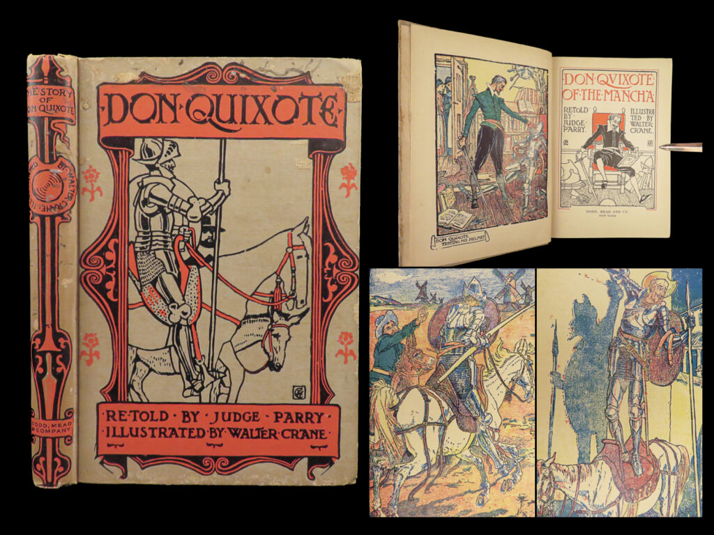 1922 don quixote cervantes thomas shelton english walter crane art illustrated | “<em>one of those universal works which are read by all ages at all times</em>. ” – <em>printing and the mind of man</em>, on ‘don quixote’   miguel de cervantes’s ‘<em>don quixote</em>’ is one of the most famous works of literature and is one of the most popular adventure tales to be written. It was first translated into english in 1612 by thomas shelton who, according to chisholm, created a “<em>racy, spirited rending of the original</em>” even though it was initially filled with translation errors. However, the dnb states that shelton’s translation “<em>realizes cervantes’ manner more nearly than any successor”. </em>   this 20<sup>th</sup>-century edition was edited and ‘retold’ by judge parry who included the illustrations of walter crane throughout, both full-page color and black/white in-text engravings.   item number: #27678 price: $499