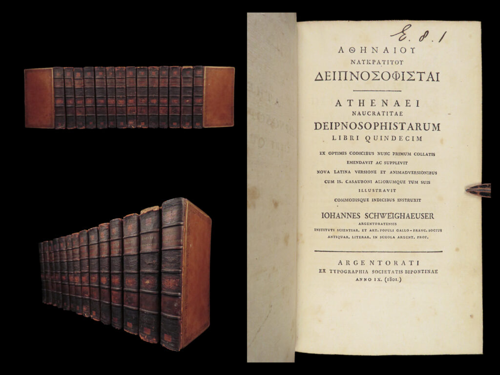 1801 ancient greek recipes athenaeus of naucratis deipnosophistae cookbook 14v | the <em>deipnosophistae</em> by athenaeus of naucratis is a vast compilation of literary, historical, and cultural knowledge presented as a series of dialogues at roman banquets, where scholars and dignitaries discuss an array of subjects, including food, music, and ancient customs from nearly 2000 years ago! The work preserves fragments from approximately 700 greek authors and 2,500 lost writings, <strong>that notably includes the oldest known greek recipe, baked fish topped with cheese, taken from the lost cookbook of mithaecus! </strong>