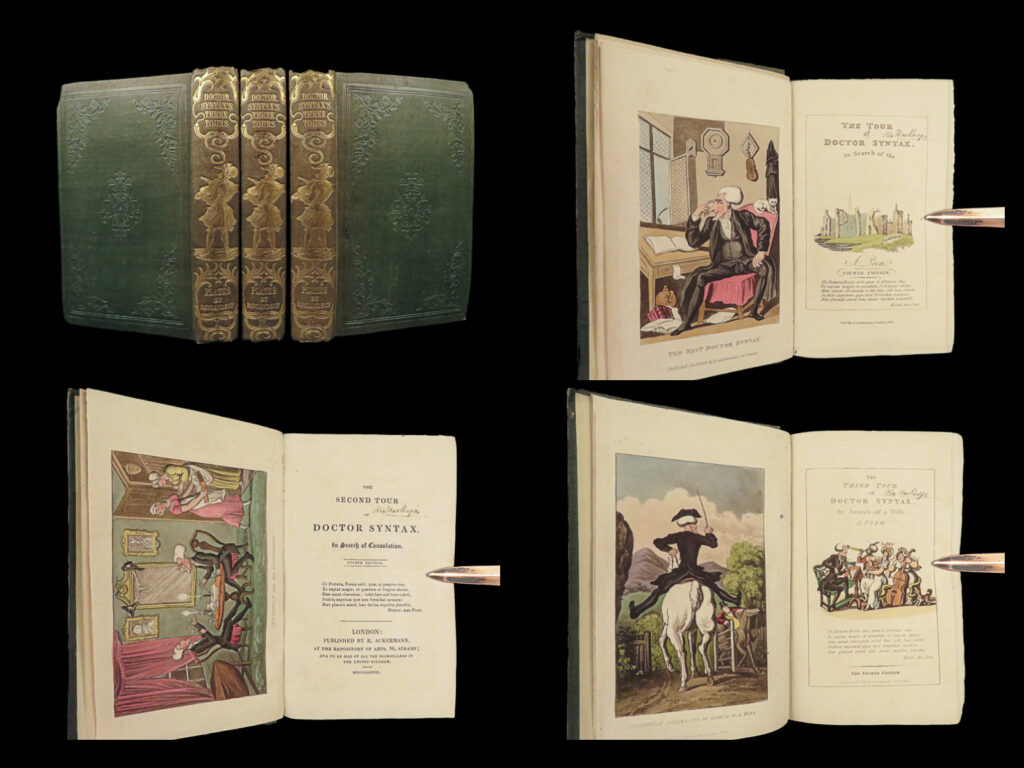 1828 exquisite tour doctor syntax combe illustrated comic 3v 80 color plates art |   william combe was a british writer who is mostly remembered for his comic poem “<em>the three tours of doctor syntax</em>”. This set of three epic poems was a descriptive and satirical work that made light of william gilpin, a british explorer who toured britain to describe the picturesque landscape. While the satire was a popular book for british readers, the thomas rowlandson comedic color plates were a beautiful spectacle. <strong><u>includes 80-full page color engravings. </u></strong>   item number: #27728 price: $750
