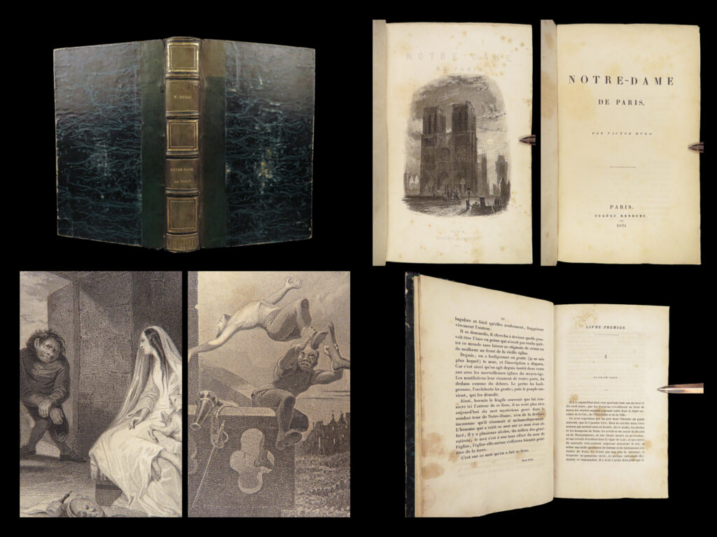 1836 hunchback of notre dame 1st illustrated ed paris victor hugo french rare | <em>“nothing makes a man so adventurous as an empty pocket. ” </em> ― victor hugo,<em> the hunchback of notre dame</em>   the best-known and oft-considered greatest french writer is unarguably victor hugo. His romance novels and stories have withstood the test of language and time. One of hugo’s most popular stories is ‘<em>the hunchback of notre dame’</em>; a tale of a gypsy who catches the hearts of men including a hunchback named quasimodo. This work has been transformed into dozens of stage, film, and television adaptations.   this rare 1836 first illustrated edition was part of a very small print run. According to clouzot, this renduel single-volume edition was <strong>limited to only 2000 copies</strong> and includes engraved plates.   item number: #27637 price: $950