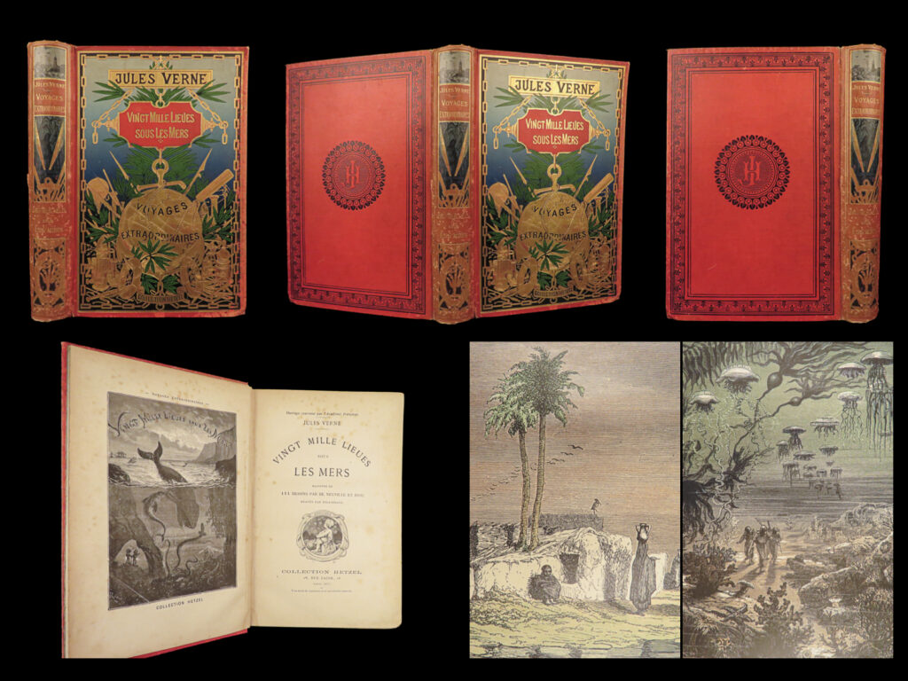 1896 jules verne 20,000 leagues under sea french illustrated sci-fi classic | <em>“the sea is only the embodiment of a supernatural and wonderful existence. It is nothing but love and emotion; it is the living infinite. ” </em> <em>― </em>jules verne<em>, twenty thousand leagues under the sea</em> <em> </em> one of the most popular and famous works of french literature is jules verne’s “<em>twenty-thousand leagues under the sea</em>”. Verne accurately describes features on captain nemo’s submarine (“the nautilus”), which was considered ahead of its time as submarines were in their infancy.   this french edition of verne’s masterpiece is illustrated with charming illustrations by hildibrand. While undated, this 1898 edition features a decorative, color illustrated front cover! A highly desirable early edition!   <em>note on dating</em>: like many other verne first editions, the title page included was issued in each edition, including later printings. This particular 1896 edition, part of the ‘hetzel collection’ printing, features an illustrated front cover – a highly desirable edition!   item number: #27656 price: $599  