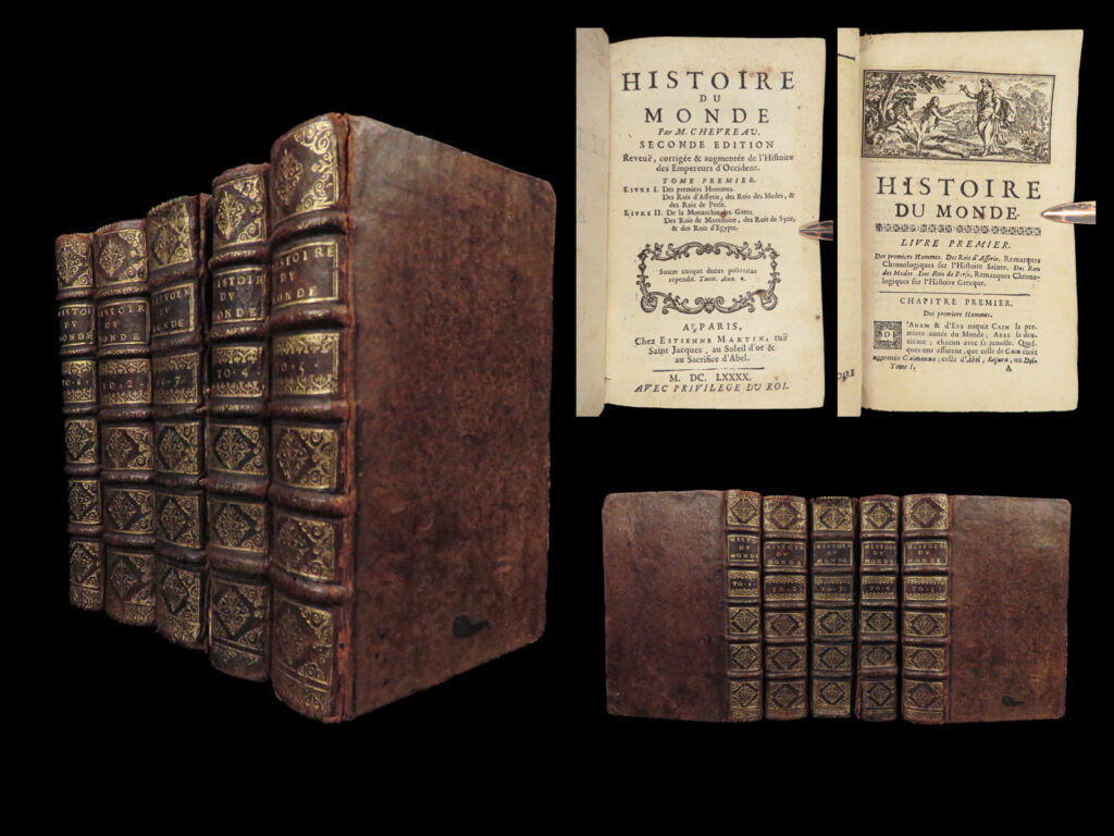 1690 chevreau history of world america mexico jerusalem persia syria 5v set | urbain chevreau was a 17<sup>th</sup>-century french historian who is best remembered for his work, “<em>history of the world</em>”. This work, which took more than 30 years to complete, was first published in 1686 and seemingly covered, albeit briefly,  the entirety of the history of the world. This work includes the origins of man, adam and eve, the rise of hebrews in israel, persia, greek monarchy, macedonian conquests, kings of syria and egypt, and even notes on mexico and america in the new world – <strong><u>very early references to north america! </u></strong>   item number: #28102 price: $750