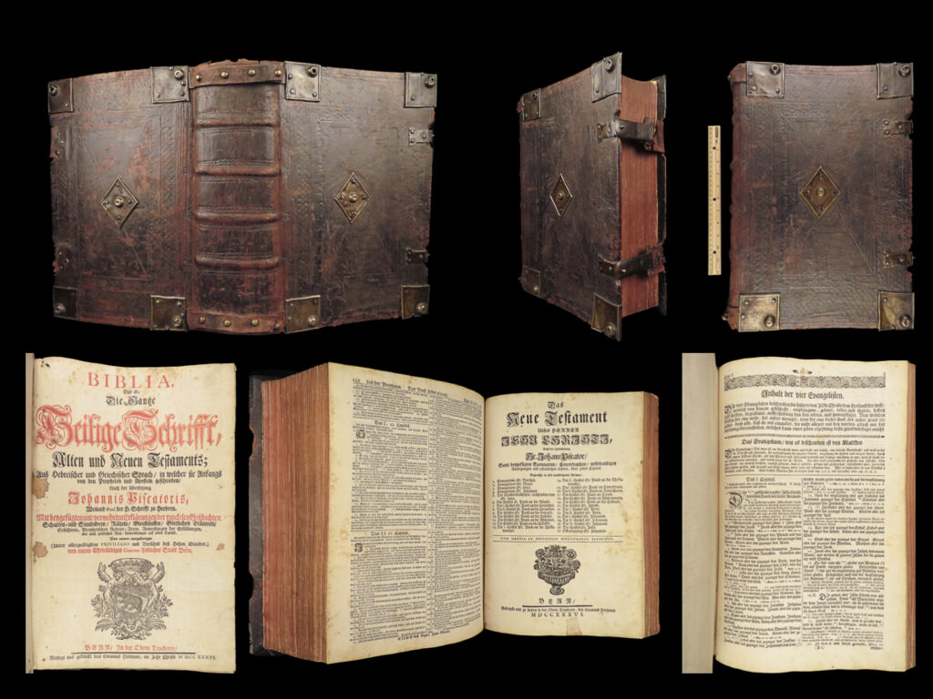 1736 huge calvin piscator bible german biblia swiss bern switzerland reformed | johannes piscator was a 16<sup>th</sup>-century german calvinist theologian who is best-remembered for his important translation of the bible. His german bible first appeared following the successes of his old and new testament commentaries – which portions of are contained in this <strong><u>absolutely enormous</u></strong> 1736 swiss edition.   the piscator bible, as it has become known, was the first calvinist bible written in german. In fact, luther bibles were the only german bibles used by the reformed church prior to piscator’s translation.   item number: #26887 price: $1250