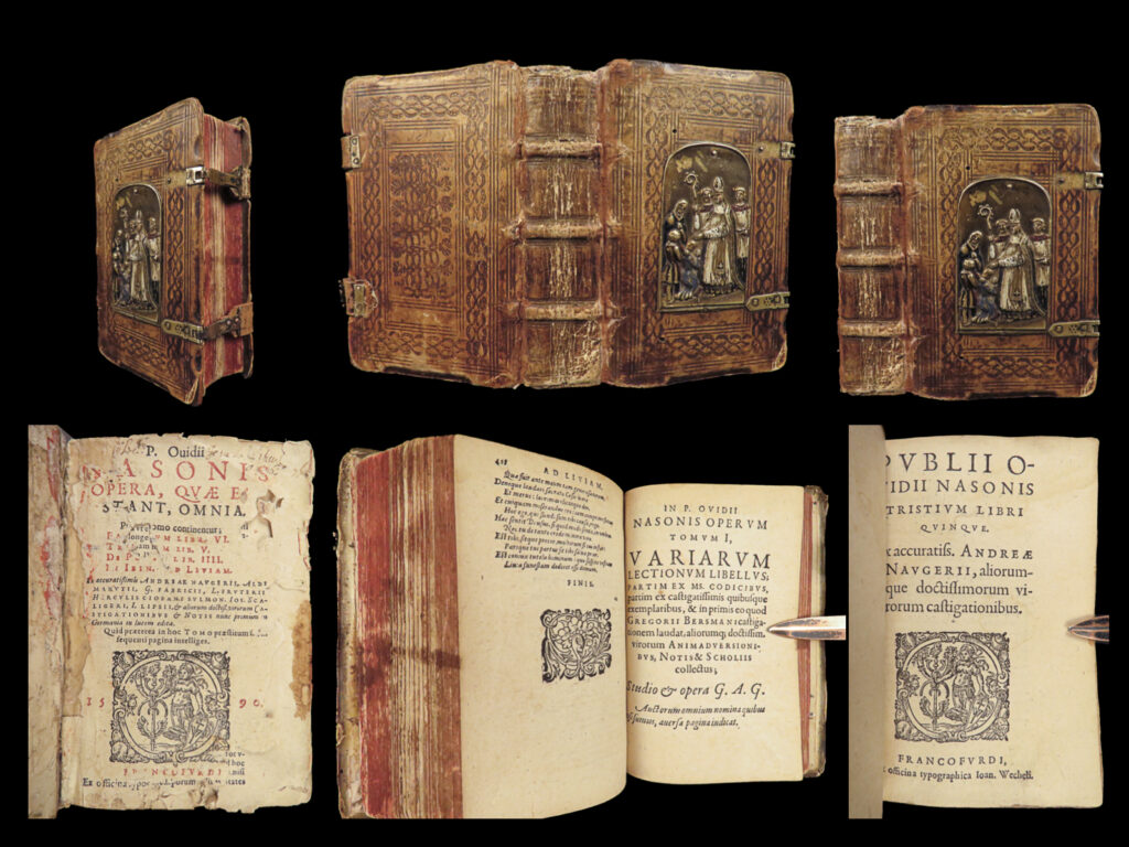 1590 painted brass art binding ovid works poetry roman mythology fastor tristia | <em>“i grabbed a pile of dust, and holding it up, foolishly asked for as many birthdays as the grains of dust, i forgot to ask that they be years of youth. ” </em> <em>― </em>ovid<em>, metamorphoses</em> <em> </em> ovid was a 1<sup>st</sup>-century bc roman poet most-known for his poems on mythology. This 1590 printing of the works of ovid includes all of his most famous works including ‘<em>fastor’</em>, ‘<em>tristia’</em>, ‘<em>epistulae ex ponto’, </em>and ‘<em>consolatio ad liviam’</em>. These works were some of the most important works of roman poetry in the 1<sup>st</sup>-century covering classical mythology and life in ancient rome.   this particular issue is notable for having a unique binding, unlike others of its kind. It features a <strong><u>painted, brass illustration</u></strong> of a papal blessing scene.   item number: #26581 price: $1250  