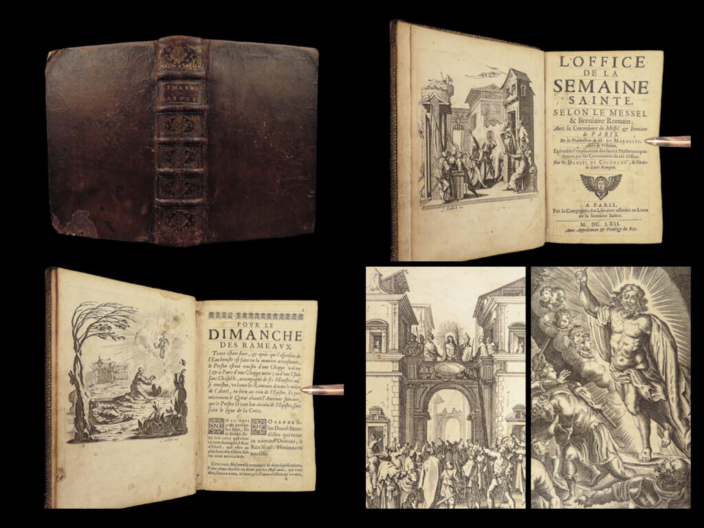 1662 roman missal catholic church holy week liturgy marolles cigogne rare |   an incredible rare 17<sup>th</sup>-century roman catholic missal. This work, edited by daniel de cigogne, is a beautiful example of catholic liturgy for holy week. This 1673 edition was translated into french by marolles, which would become an important translation for catholic missals moving into the 18<sup>th</sup>-century.   michel de marolles’s translations were extensive and quite precise. In addition to his liturgical texts, he translated classics such as ovid, virgil, horace, juvenal, and other greek and latin classics into french.   item number: #27900 price: $550