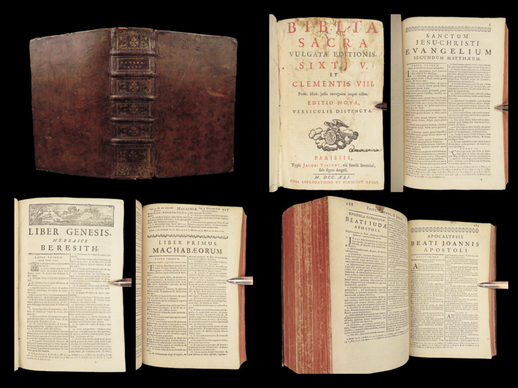 1741 holy bible vulgate biblia sacra catholic church pope clement viii rare | a rare 18<sup>th</sup>-century vulgate biblia sacra published paris.   published in 1741, this edition features the old and new testament books as well as the apocryphal books at the end of the new testament. It also features a memoriam of pope clement viii.   item number: #27876 price: $599  