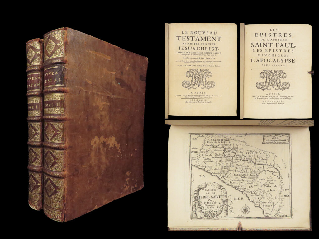 1688 bible illustrated maps 2v set denis amelote french nt catholic church |   known for his treatises and essays on church history and important church figures, denis amelote was a 17<sup>th</sup>-century biblical scholar. His translation of the new testament has maintained popularity even into the 20<sup>th</sup>-century, mostly because of his commentary and referencing greek manuscripts.   this 1688 edition was published in paris by francois muguet and published by the authority of the catholic church and pope clement viii. As expected, it features the new testament books of the letters of the apostle paul along with the canonical epistles and revelation.   item number: #27812 price: $750
