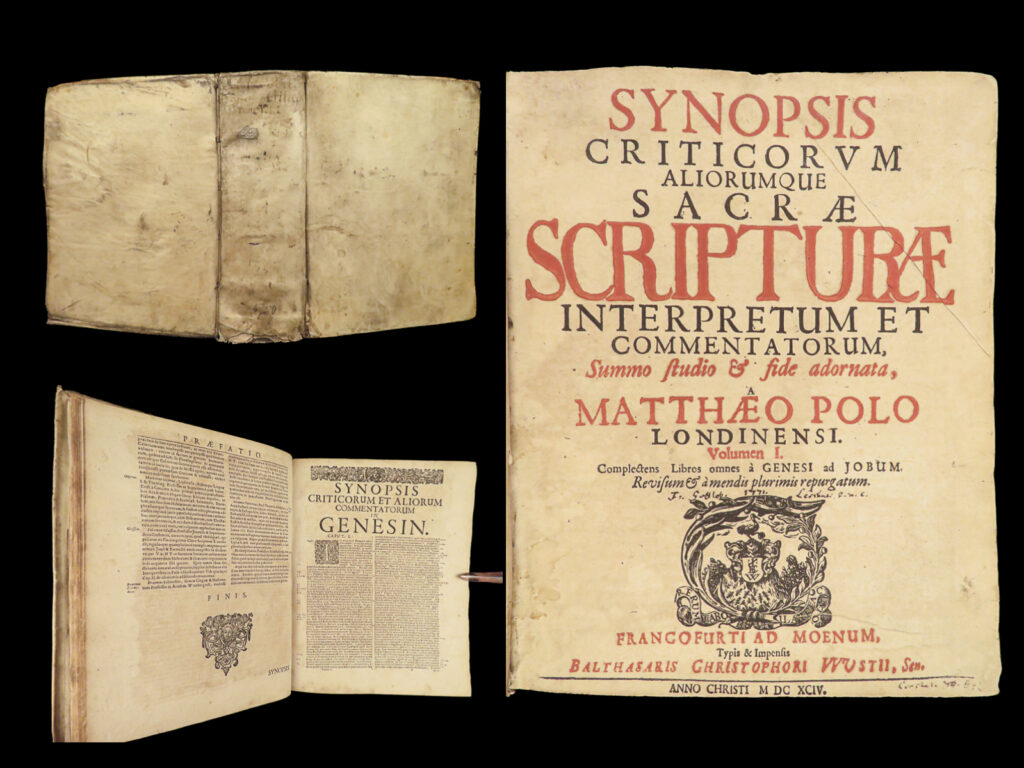 1694 famed bible commentary of matthew poole anti catholic england synopsis criticorum | matthew poole was a 17<sup>th</sup>-century english nonconformist known for his anti-catholic propaganda. While his bible commentaries and annotations were his most popular works, he also wrote an examination of the catholic church, defining and describing many of the problems with their doctrine.   frequently, poole sought to demonstrate the superiority of protestantism of catholicism, and this was most evident in his work ‘<em>synopsis criticorum’</em> in which he summarizes the views of bible critics and commentators. Curiously though, poole did not include reviews on john calvin or martin luther – perhaps not looking to be critical of their views.   item number: #27807 price: $499