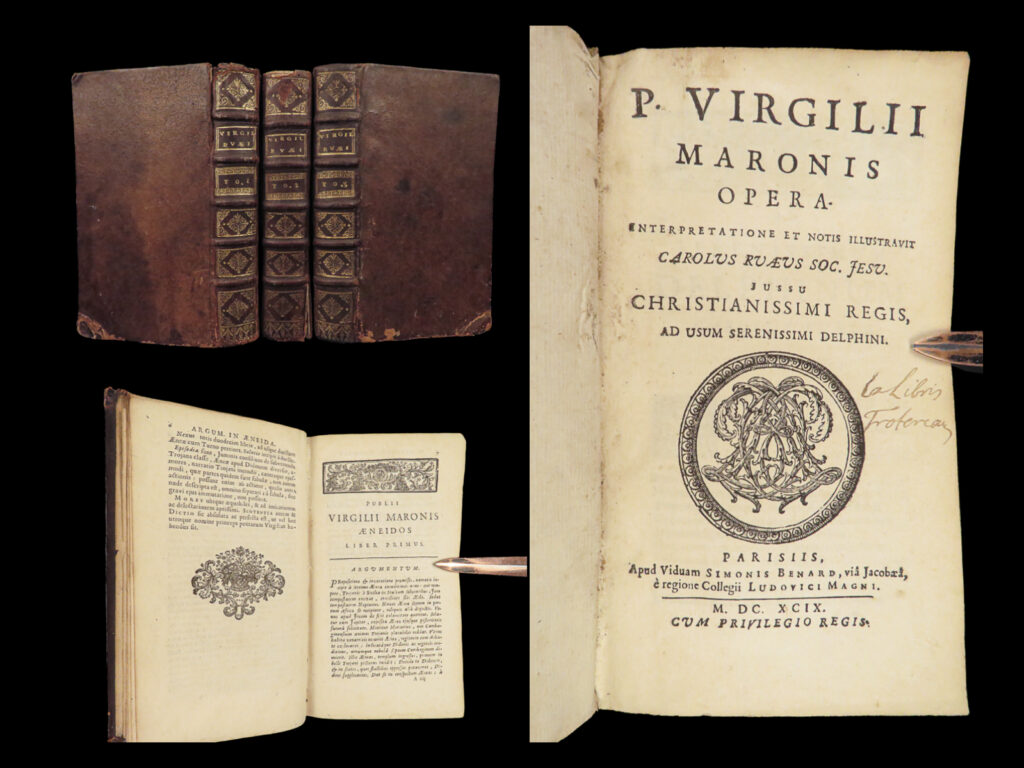 1699 virgil aeneid georgics eclogues bucolics mythology jesuit larue 3v set | <em>“audaces fortuna iuvat- (fortune favors the bold). ” </em> ― virgil   virgil is regularly considered one of the greatest roman poets. His epic poems, ‘<em>eclogues</em>,’ ‘<em>georgics</em>,’ and ‘<em>aeneid’</em> are some of the most important works of western literature and describe mythology, medicine, astronomy, war and military, rhetoric, agriculture, and more!   this 1699 printing of the works of virgil includes commentary and notes by charles de larue. Larue was considered the most popular and well-recognized jesuit writers and translators during his lifetime. In fact, his edition of virgil is perhaps the best edition collected by a 17<sup>th</sup>-centurty jesuit hand.   item number: #27888 price: $599