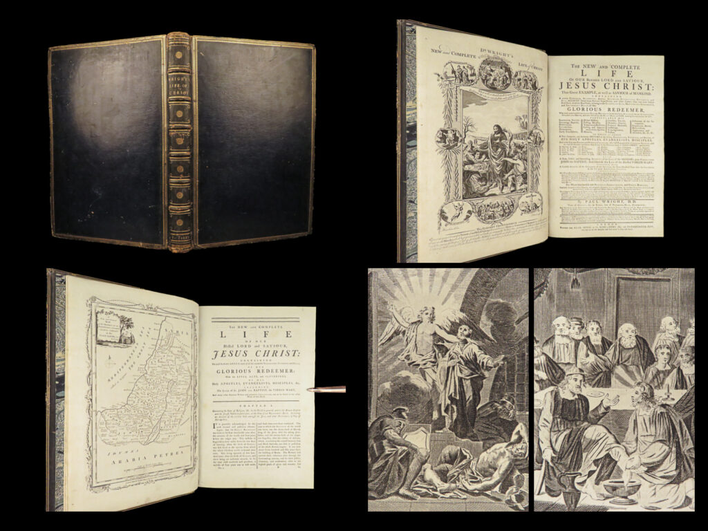 1790 life of jesus christ fleetwood bible art miracles jerusalem map holy land | <em> </em> “<em>no event that ever did, or perhaps will happen, can more remarkably display the wisdom and power of the great jehovah, than the glorious manner in which he brought life and immortality to light, by the gospel of his son, manifested in the flesh</em>. ” – fleetwood, <em>life of jesus christ</em>   a rare 18<sup>th</sup>-century example of john fleetwood’s famous book on the life of jesus. This book uses biblical passages as a basis for this ‘biography’ of the life of jesus christ. Fleetwood covers the birth of jesus, the angelic visitation to mary, decree of taxation and the massacre of infants, jesus’s baptism, first miracles, temptation in the desert, calling of disciples, jesus curing leprosy and palsy, and the trial, crucifixion, and resurrection.   curiously, this folio london edition was published under the title “<em>the new and complete life of…jesus christ</em>” by paul wright; however, according to the oclc it is another edition of fleetwood’s famed “life of jesus”.   item number: #27896 price: $950