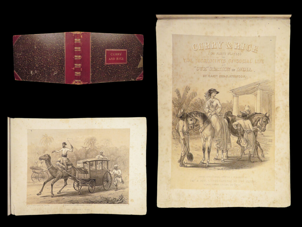 1859 india 1ed curry and rice humor art england in bengal sepoy atkinson | george f atkinson was a 19<sup>th</sup>-century english illustrator known for his life in bengal and his role in the sepoy rebellion. His illustrations provided important context to life in india under british control, illustrating customs and behaviors of native tribes in india. “<em>curry and rice</em>” was written to account for british life in india in a humorous, light-hearted manner.   this undated first edition includes 36 of the 40 plates of atkinson’s iconic work.   item number: #27743 price: $750