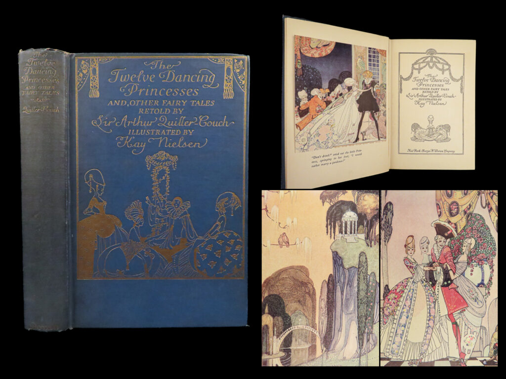 1930 kay nielsen art 1ed fairy tales quiller-couch dancing princesses original |   “<em>once upon a time…” </em> sir arthur quiller-couch was a well-known late 19<sup>th</sup>-century british fairy tale author who retold many of the most famous tales of all time including ‘sleeping beauty’, ‘cinderella’, and ‘beauty and the beast’. He also published many lesser-known fairy tales including those found in <em>“the twelve dancing princesses</em>”. This 1895 first edition book includes the following stories: <ul> <li>“minion-minette”</li> <li>“felicia or the pot of pinks”</li> <li>“the twelve dancing princesses”</li> <li>“rosanie or the inconstant prince”</li> <li>“the man who never laughed”</li> <li>“john and the ghosts”</li> </ul>   this impressive first edition features the exquisite artwork of kay nielsen.   item number: #27827 price: $499