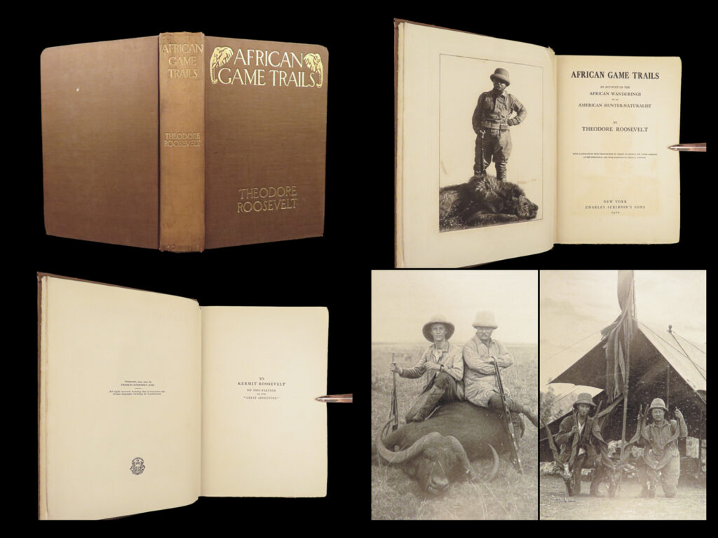 1910 theodore roosevelt 1st ed african game trails illustrated hunting sporting |   <em>“knowing what's right doesn't mean much unless you do what's right. ” </em> <em>― </em>theodore roosevelt <em> </em> the twenty-sixth president of the united states was also a world-renowned hunter, conservationist, soldier, and scholar. In 1908 he took a long safari holiday in east africa with his son kermit. Roosevelt describes the excitement of the chase, the people he met, and flora and fauna he collected in the name of science. Long out of print, this classic is one of the preeminent examples of africana and belongs on every collector's shelf. According to czech, this work is: “one of the most famous of all big game hunting epics. In british east africa, roosevelt hunted lion and plains game on the kapiti plains, while, in the bondoni hill country, he collected rhinoceros and giraffe. ”   item number: #28169 price: $499