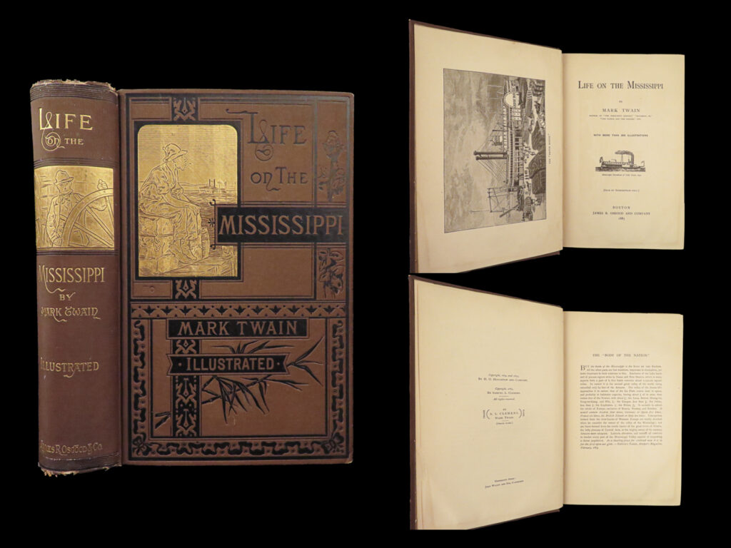 1883 mark twain 1ed life on the mississippi st. Louis missouri steamboat classic | <em> </em> <em>“now and then we had a hope that if we lived and were good, god would permit us to be pirates. ”</em> – mark twain, <em>life on the mississippi</em> <em> </em> <em>“life on the mississippi”</em> is a memoir by mark twain, of his days as a steamboat pilot on the mississippi river before the american civil war. It is also a travel book, recounting his trip along the mississippi river from st. Louis to new orleans many years after the war. <em> </em> a rare printing of mark twain’s classic “<em>life on the mississippi</em>”. Featuring more than 300 illustrations throughout, this is truly a remarkable find for any twain collector. See below for edition points.   item number: #27530 price: $750