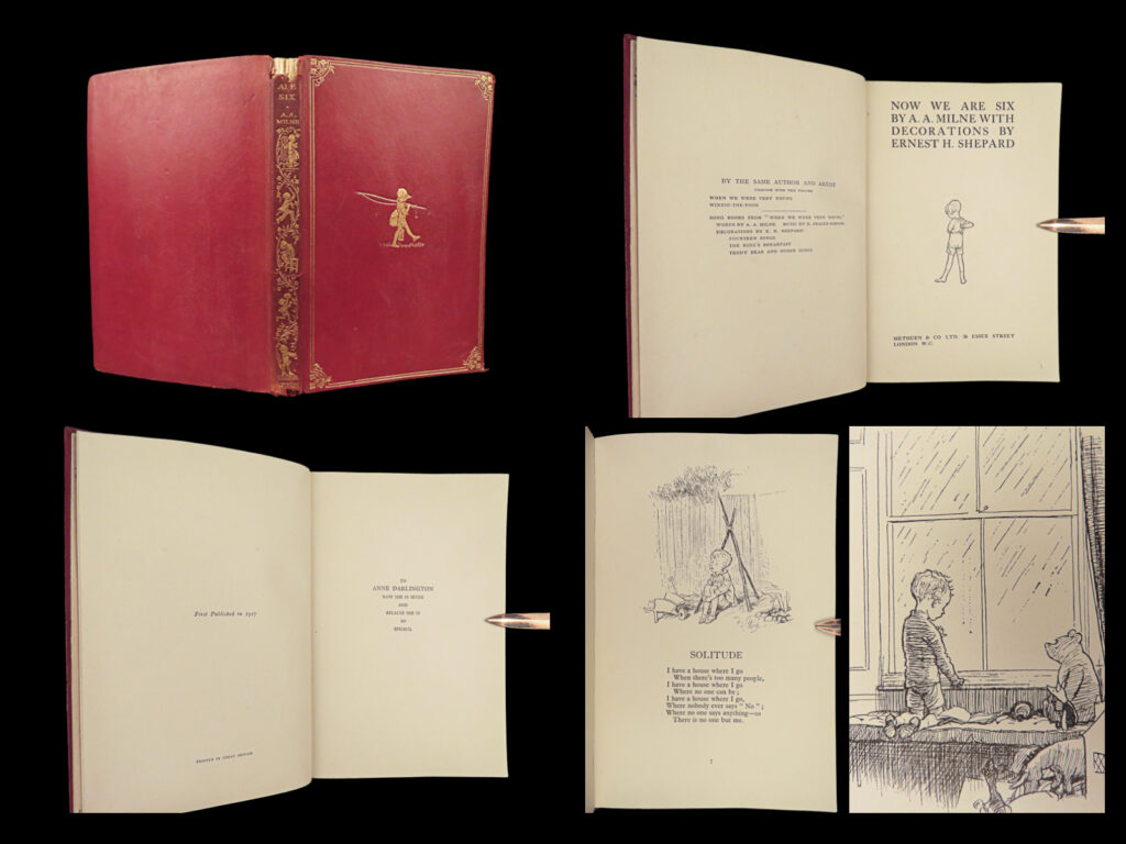 1927 winnie the pooh 1ed milne now we are six children’s classic shepard art | “<em>now we are six</em>” is a beloved children’s book written by alan alexander milne, with charming black and white illustrations by ernest h. Shepard. First published in 1927, this book follows the adventures and musings of a six-year-old child, with humorous and heartwarming observations about life, growing up, and the world around us.   this first edition printing of the book features a fine, decorative leather binding and is a highly sought-after collector's item for fans of milne's writing and shepard's illustrations.   item number: #26195 price: $750