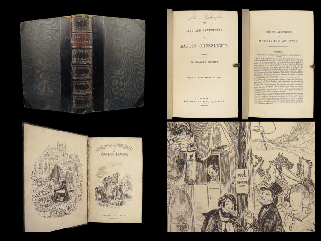 1844 charles dickens 1st/1ed martin chuzzlewit english lit satire illustrated | <em>“if i was a painter, and was to paint the american eagle, how should i do it? ” </em> – charles dickens, <em>martin chuzzlewit</em>   this rare first edition, first issue, was believed by dickens to be his best work, though it was the least popular of his works. Dickens originally released the story in 20 monthly parts; however, upon realizing its failing popularity, he changed the plot to send the title character, chuzzlewit, to america. Dickens sought to elaborate on his own views of selfishness in america, and, in doing so, created popularity within a lesser-known character.   this first issue meets the expected edition points, found only in the earliest printings of this work. See below. <em> </em> item number: #27708 price: $750