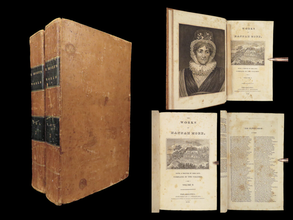 1830 hannah more 1ed female education women’s rights feminism suffrage 2v | a rare and important collection of the complete works of hannah more, an 18<sup>th</sup>-century english author. She played a critical role in the development of women’s rights and education, as well as being an advocate for promoting literacy among the poor.   prior to 1792, very little had been printed on the importance of female education. In that year, wollstonecraft published “<em>vindication of women’s rights</em>” a work that was far beyond its time. Seven years later, hannah more published “strictures on the modern system of female education”. According to demers, “women [should] exert themselves, with a patriotism at once firm and feminine, for the general good ' and that 'the chief end to be proposed, in cultivating the understandings of women, is to qualify them for the practical purposes of life'".   these two works, in conjunction, ‘promoted fundamental changes in attitude…in which more envisions as a needed seriousness” (demers, 85).   this 1830 printing of the works of more was published in philadelphia.   item number: #28035 price: $499  