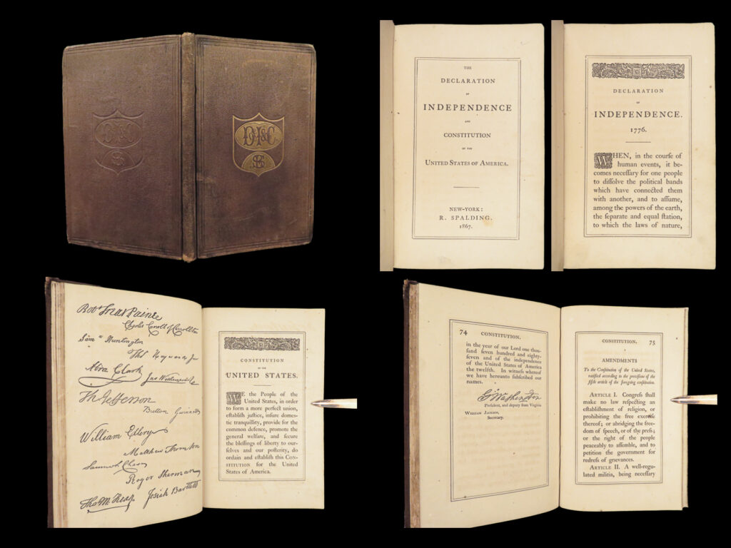 1867 13th amendment slavery civil war constitution of usa declaration abolition | <em>“we the people of the united states…”</em> <em> </em> a rare 1867 printing of the united states constitution paired with the declaration of independence. The text of each page was printed within a decorative double-line square border – a printing style not common amongst american documents <em> </em> item number: #28060 price: $499