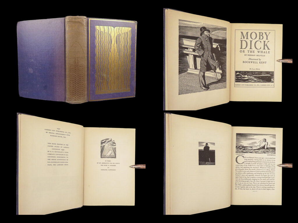 1937 moby dick herman melville whaling voyage rockwell kent illustrated art | <em>“i know not all that may be coming, but be it what it will, i'll go to it laughing. ” </em> ― herman melville,<em> moby-dick</em> <em> </em> <em>‘moby dick’ </em>is perhaps the most famous sea adventure novel of the 19<sup>th</sup>-century. First appearing in periodicals, herman melville’s most famous work saw an initial mix of responses on its way to becoming a ‘great american novel’, even causing authors like william faulkner to wish they had written the book themselves. While the work itself is a story of hunting the great whale moby dick, it is written with themes on social class, good and evil, and even the existence of god.   this valuable 1937 deluxe edition was published by garden city publishing and <strong>includes famous illustrations by rockwell kent. </strong> the kent illustrated editions are considered the best of all ‘<em>moby dick’</em> printings and are known to have propelled ‘<em>moby dick’</em> to the classic status it has today.   item number: #28041 price: $499