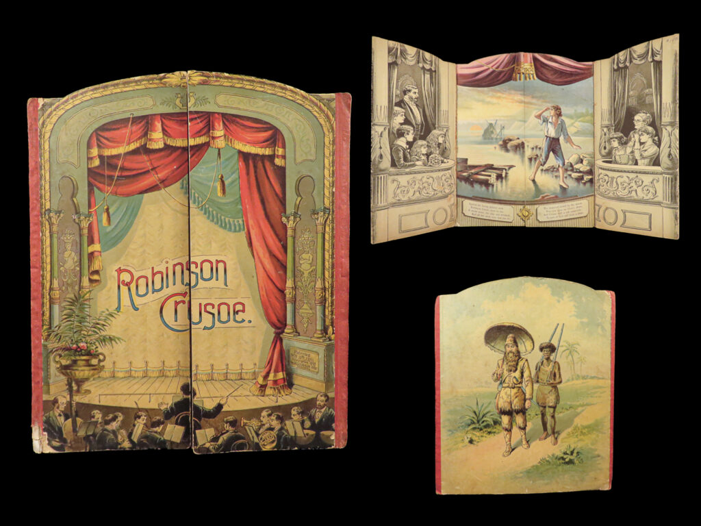 1893 robinson crusoe 1ed daniel defoe shipwreck illustrated theater poetry rare | <em>“it is never too late to be wise. ” </em> <em>― </em>daniel defoe<em>, robinson crusoe</em> <em> </em> <em>“one of the most beautiful travel books in figures of the eighteenth century. ” </em>(gumuchian) <em> </em> called the original adventure novel, robinson crusoe was originally published in 1719 and depicts the life of a castaway who learns to survive on an island for decades. However, while it saw substantial success with the masses, there were still those that were not impressed. For instance, charles dickens said, “... Robinson crusoe should be the only instance of a universally popular book that could make no one laugh and could make no one cry. ”   this curious edition of “<em>robinson crusoe</em>” is unlike any other. It is a unique “theater-style” book, having only a few pages each illustrated with a poetic verse underneath telling the whole story in just a few brief stanzas. The art and stage-play shape make this book truly a desirable find!   item number: #28065 price: $499