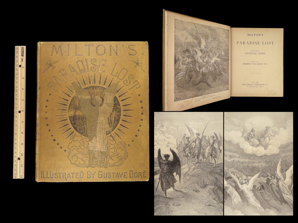1890 paradise lost john milton gustave doré art god angels & demons folio | <strong><u>paradise lost with doré art of angels and demons! </u></strong>   “<em>milton’s paradise lost</em>,” is an awe-inspiring interpretation of john milton’s epic masterpiece. As readers navigate through the fall of man, they are accompanied by gustave doré’s stunning artwork with the inclusion of <strong>50 full-page engraved plates</strong>, lending visual depth and emotion to milton’s complex verses.   a truly incredible work for both literature and art enthusiasts alike, this folio edition includes an insightful introduction by robert vaughan.   item number: #41557 price: $499