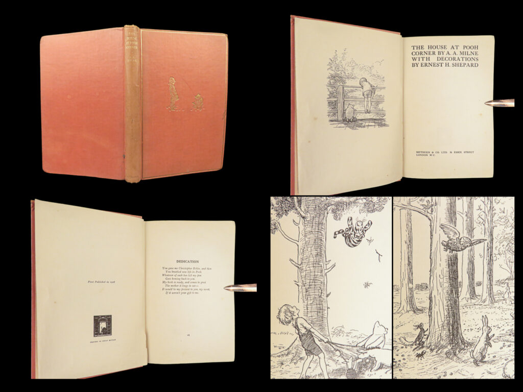 1928 winnie the pooh 1st/1st house at pooh corner milne & shepard illustrated | <em>“some people care too much. I think it's called love. ” </em> <em>― </em>a. A. Milne<em>, winnie-the-pooh</em> <em> </em> shortly after the successes of ‘<em>when we were very young,</em>’ milne planned his second book for children, this is evidenced by a letter he wrote to his brother stating that it would “appear in 1927 or 1928. ” (thwaite, 293). The following year milne introduced another pivotal character to the ‘hundred acre wood’ – tigger! Tigger finds his place in “<em>house at pooh corner</em>” alongside pooh and friends. <em> </em> item number: #27416 price: $750