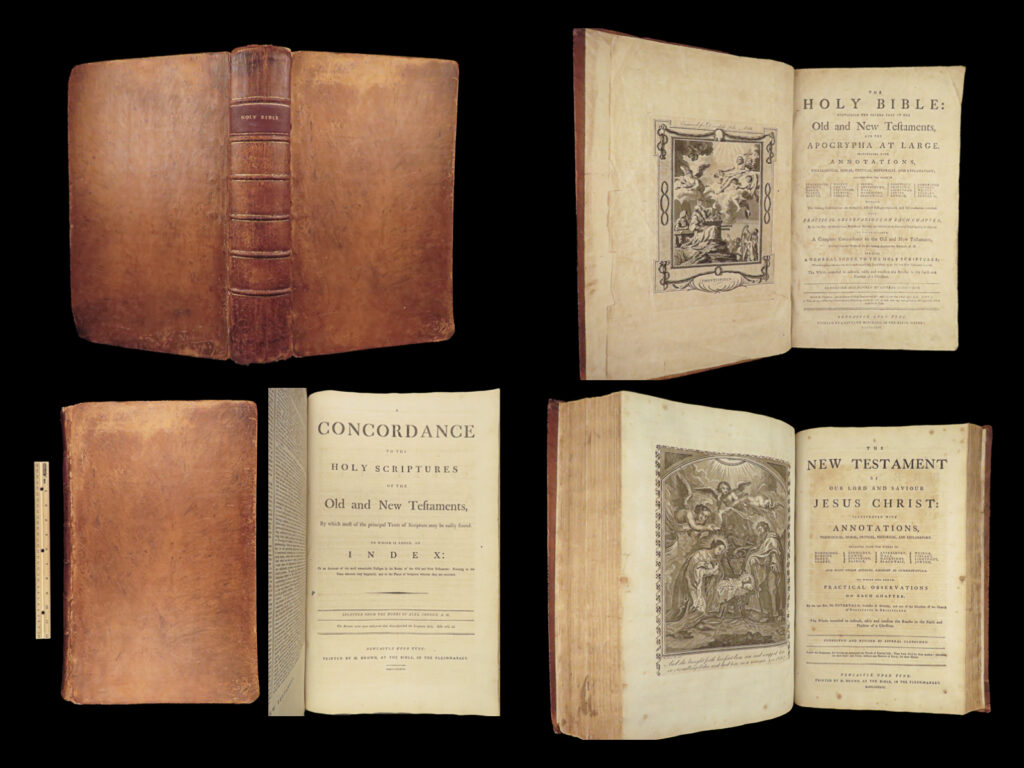 1785 enormous holy bible newcastle art commentary swiss protestant osterwald |   this enormous, folio bible comes from the french of protestant swiss pastor, jean frederic osterwald who was notable for being highly influential among central european protestants, so much so that he is often called the leader of a ‘second reformation’. He is remembered for his innovative dogmatics, exegeses, liturgies, and hymns, but his most important contribution was his translation of the bible. His translation was extremely thorough and included aspects many different bibles, seeking to make the most accurate form of scripture. According to darlow and moule, “osterwald made use of the original hebrew and greek, the septuagint and the vulgate, and the french hand german version- both protestant and roman catholic. His alterations tend chiefly to modernize the language, but they sometimes also affect the sense. ” (d&m 3814)   published in newcastle upon tyne, this huge holy bible is utterly filled with commentary and annotations by numerous contributors including thomas stackhouse, matthew henry, john wesley, benjamin kennicott, and so many others.   while the commentary and size of this bible are highly desirable, the <u>enormous, full-page illustrations make this bible one of the best of its kind</u>.   item number: #27520 price: $950  