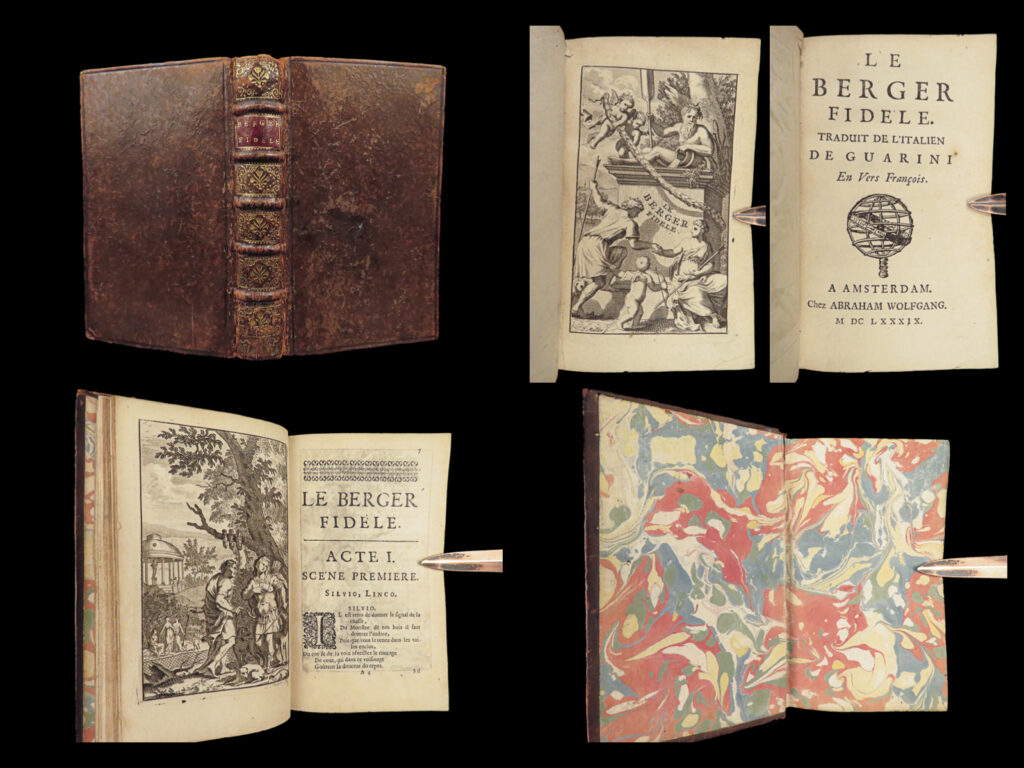1689 pastor fido guarini italian pastoral arcadia faithful shepherd illustrated |   battista guarini was a 16<sup>th</sup>-century italian poet most known for his work ‘<em>il pastor fido</em>. ’ first published in 1590, ‘<em>il pastor fido</em>,’ or ‘<em>the faithful shepherd</em>,’ is a tragicomedy set in arcadia written with pastoral themes.   this 1689 french edition was published in amsterdam and features impressive, full-page engravings. Translated out of the original italian into french by antoine torche.   item number: #28149 price: $499