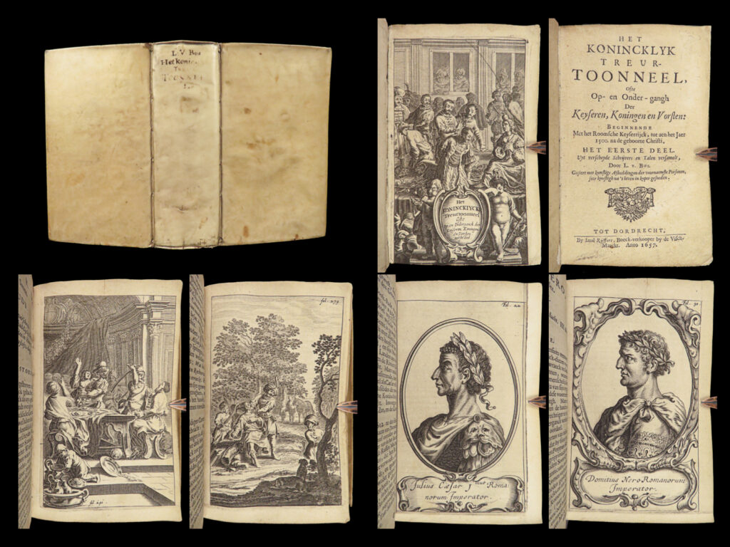 1657 kings emperors 1ed julius caesar rome viking legend ragnar byzantine sultan | a rare 17<sup>th</sup>-century chronicle of the rise and fall of emperors of the from around europe beginning with the roman empire!   written by dutch historian lambert van den bos, “<em>konincklyk treur-toonneel</em>” covers an enormous history of the roman empire from the reign of <strong>julius caesar</strong> through the year 1500. While bos does not provide biographical sketches of each ruler, he does focus on the most notable including <strong>caligula</strong>, claudius, <strong>nero</strong>, commodus, and diocletian.   bos continues by highlighting legendary dutch and scottish kings (such as viking king <strong>ragnar</strong> and scottish king eugene viii), as well as turkish and <strong>byzantine kings</strong>.   this 1657 first edition states volume one; however, there is no indication that a second volume was ever published. This work <u>features numerous full-page engravings including portraits</u> and iconic scenes.   item number: #28158 price: $950