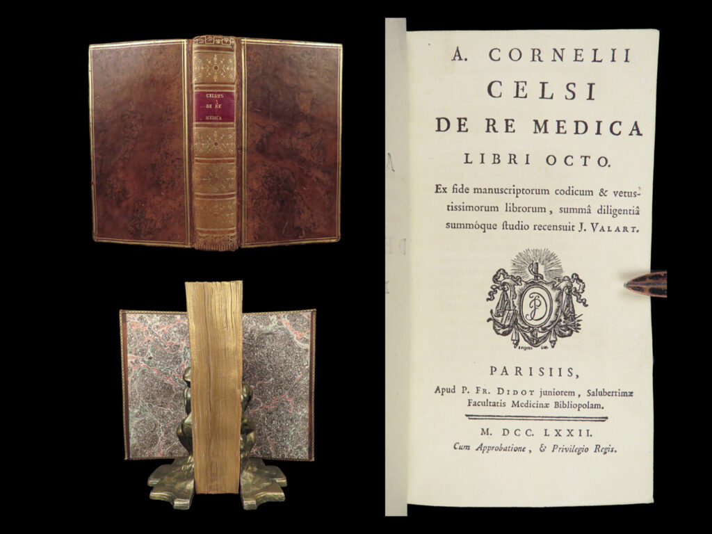 1772 medicine & surgery de medicina celsus pharmacy health diet wine latin rare | <em>“live in rooms full of light. Avoid heavy food. Be moderate in the drinking of wine. Take massage, baths, exercise, and gymnastics. Fight insomnia with gentle rocking or the sound of running water. Change surroundings and take long journeys. Strictly avoid frightening ideas. Indulge in cheerful conversation and amusements. Listen to music. ” </em> <em>― </em>aulus cornelius celsus, <em>de medicina</em>   a rare edition of celsus’s ‘<em>de medicina’</em> printed in paris in 1772.   this famous medical book is <strong>considered one of the earliest reliable sources on pharmaceuticals and diet as it pertains to healthy living</strong>. Celsus lived in the 1<sup>st</sup>-century bc and is remembered solely for this work and the legacy it has left. This edition was translated by joseph valart.   item number: #28159 price: $499