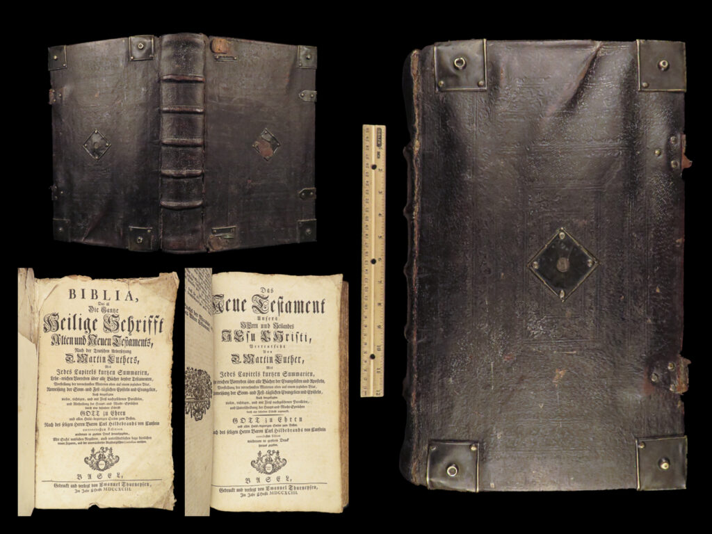 1793 enormous martin luther bible thurneysen basel switzerland german biblia | a rare, late 18<sup>th</sup>-century martin luther german holy bible printed in basel. Luther bibles have always maintained their popularity throughout the centuries both in german and non-german speaking areas. This enormous 1793 basel edition was published by thurneysen and features both the old and new testaments along with the apocryphal books.   item number: #27664 price: $950
