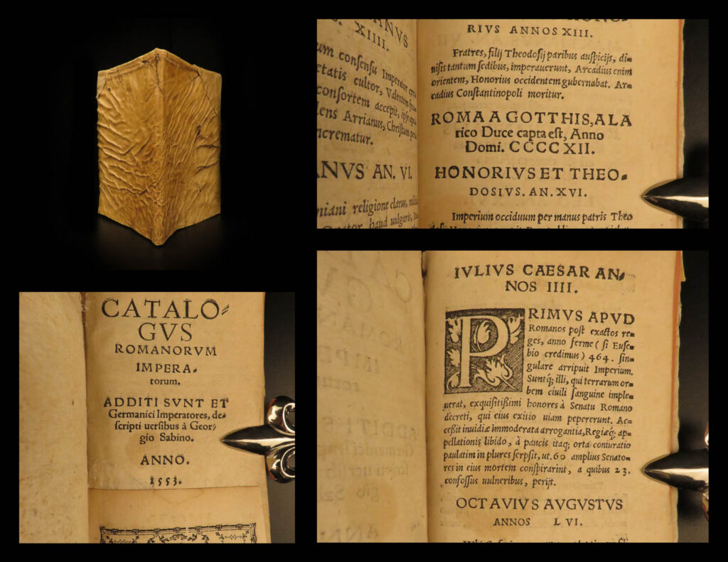 1553 sabinus catalog of roman & german emperors rome charlemagne augustus caesar | georg sabinus was a 16<sup>th</sup>-century german poet and historian who published an important catalogue of the emperors of rome. Curiously, sabinus supplemented the lists of roman rulers with lists of german leaders. Each entry features a short description of the figure including some of which are written in poetic verse. It includes all the known roman and german rulers such as charlemagne, otto the great, charles v, constantine, julius caesar, nero, and augustus caesar.   this fascinating latin edition was published in wittemberg, germany in 1553 by kreutzer.