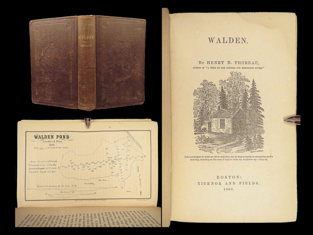 1863 walden by henry david thoreau massachusetts illustrated transcendentalism | <em>“i went to the woods because i wished to live deliberately…” </em> <em>– </em>henry david thoreau   <em>“walden” </em>is henry david thoreau's account of his two-year adventure in self-reliance amidst woodland in a cabin he built near walden pond near concord, massachusetts. He hoped to isolate himself from society to gain a more objective understanding of it. Simple living and self-sufficiency were thoreau's other goals, and the whole project was inspired by transcendentalist philosophy, a central theme of the american romantic period.   item number: #28198 price: $1950