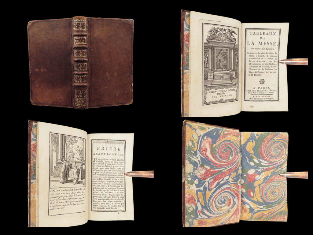 1782 catholic church art 36 plates mass liturgy prayer hymns vespers illustrated | ‘<em>tableaux de la messe’</em> is a fascinating 18<sup>th</sup>-century catholic liturgical treatise written to instruct priests and clergy on sacred texts, responsibilities, and expectations of the mass. Published in 1782, this work contains prayers and meditations, liturgy for holy week, psalms of penance, vespers and hymns, and reflections on the passion of jesus christ.   note that this work in both latin and french <strong>features 36 impressive illustrated scenes</strong>, many depicting priests and church fathers at the altar. <em> </em> item number: #28453 price: $499