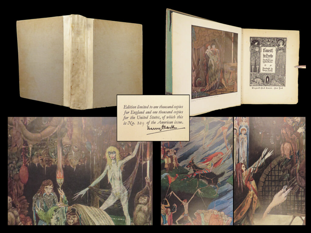 1925 faust 1ed johann goethe esoteric devil signed harry clarke art illustrated | <em>“as soon as you trust yourself, you will know how to live. ” </em> ― johann wolfgang von goethe<em>, faust </em> <em> </em> <em>‘faust’</em> is one of the most iconic german tales of legend, telling the tale of an unsatisfied man who makes a deal with the devil exchanging his soul for whatever his earthly desires might be. The story has most famously been adapted by johann von goethe, an adaptation which has become one of the most important versions of faust’s legend.   early 20<sup>th</sup>-century edition is a stunning work. One of only 1000 copies, this work features the artwork of harry clarke, whose art famously appeared in works of horror and esoteric literature such as edgar allan poe. Translated into english by john anster. This particular example is numbered no. 329 and <strong><u>signed by clarke</u></strong>!   item number: #26842 price: $950