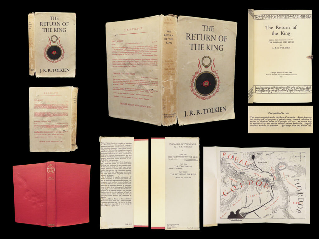 1955 return of the king 1st ed jrr tolkien lord of the rings huge map fantasy | “i will not say: do not weep; for not all tears are an evil. ” ― j. R. R. Tolkien, the return of the king   <em>the return of the king</em> is the third and final volume of j. R. R. Tolkien's <em>the lord of the rings</em>, following <em>the fellowship of the ring</em> and <em>the two towers</em>. Tolkien’s venture into the world of wizards, orcs, and hobbits has been an iconic mark in the literary culture of the 20<sup>th</sup> and 21<sup>st</sup>-centuries.   this rare <u>first edition, first printing</u> of the return of the king features a giant folding map of middle earth, often lacking from other first editions. This title is considered the scarcest of <em>the lord of the rings</em> trilogy. <em> </em> item number: #28242 price: $2500