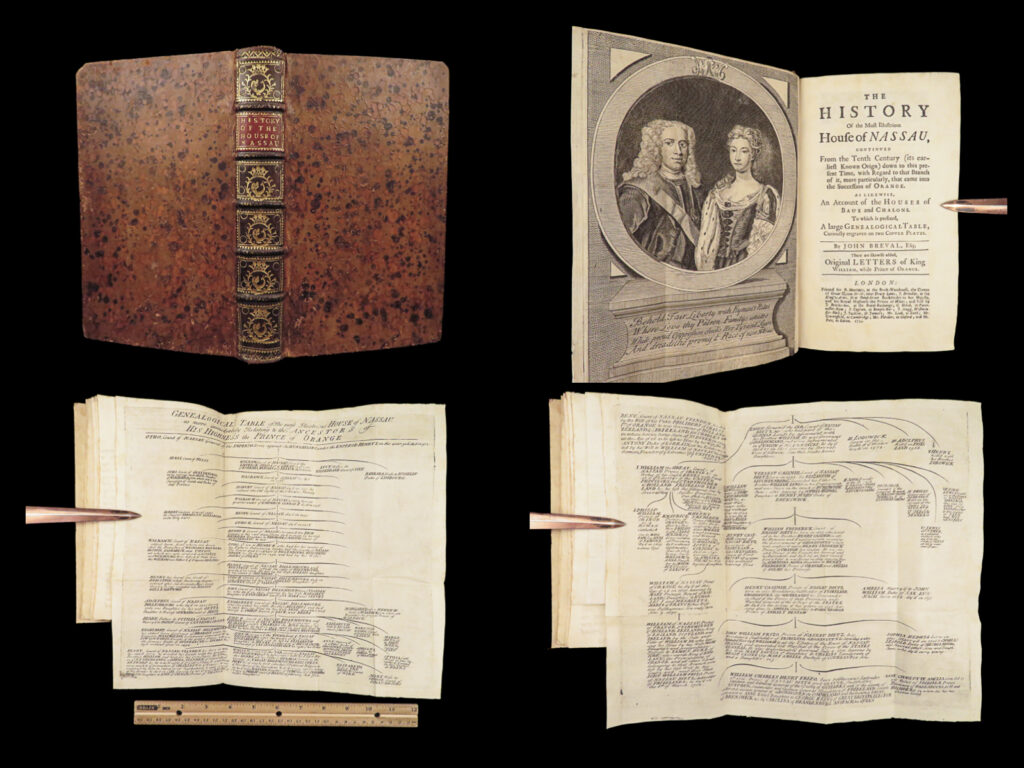 1734 house of nassau 1st history by breval w/ william of orange genealogy rare | the house of nassau is arguably the most significant royal family in european history with their powers extending beyond england into germany and the netherlands into the holy roman empire for centuries. Figures such as william of orange, maurice of nassau, and william iii of england helped make nassau a world power.   author john breval published one of the most comprehensive and most authoritative histories of the house of nassau. In it, breval covers the 10<sup>th</sup>-century origins of the house, genealogical tables, letters of king william iii, as well as accounts of the houses of baux and chalons.   item number: #28270 price: $550