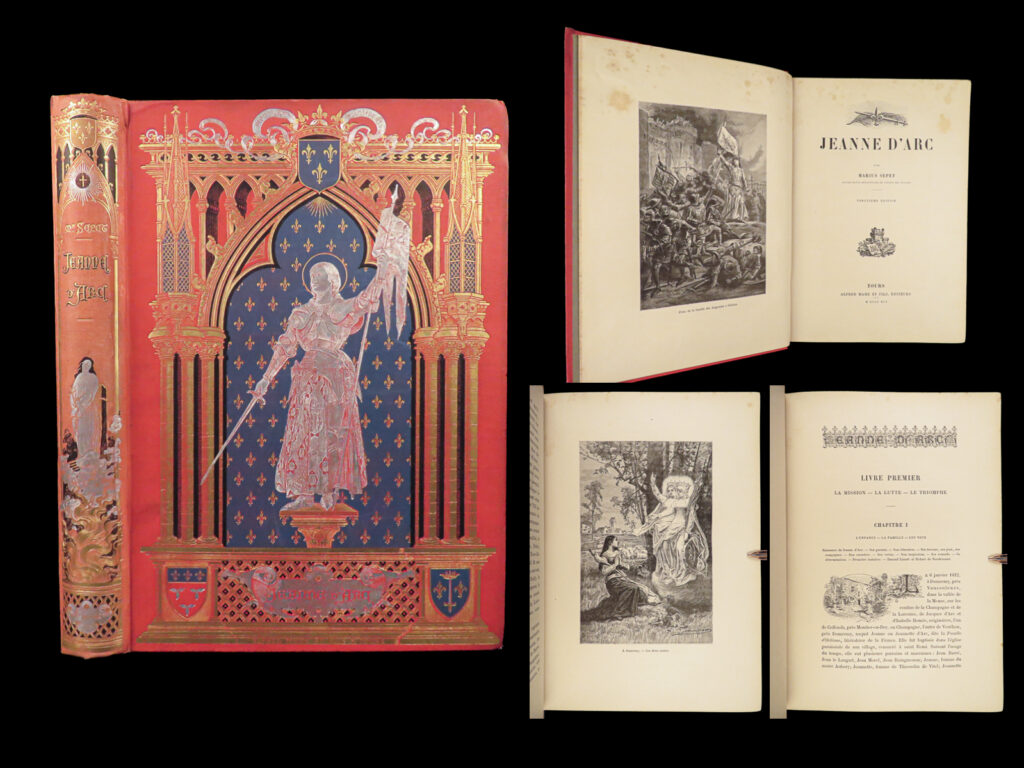 1895 joan of arc sepet french jeanne d’arc art 100 years war orleans france mame |   at the end of the 18<sup>th</sup>-century, the story of joan of arc was merely a legend and little was written in histories about her life. Following the successes of jules quicherat’s history of joan of arc, numerous other accounts of the famed heroine emerged, including marius sepet’s “<em>jeanne d’arc</em>”.   first published in 1869, sepet’s “<em>jeanne d’arc</em>” is notable for impressive, full-page engravings depicting iconic scenes from her life and story. Much of the book is focused on joan’s death and martyrdom.   item number: #28240 price: $499  