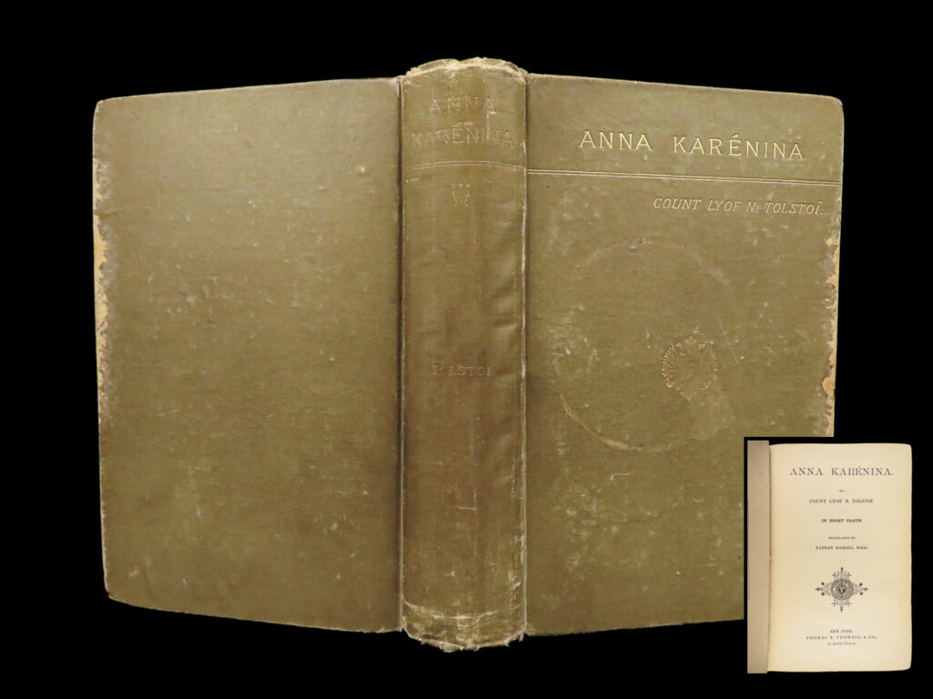 1886 anna karenina 1st by leo tolstoy | feminism romanov russian literature | <em>“if you look for perfection, you’ll never be content. ” </em> <em>– </em>tolstoy, <em>anna karenina </em> <em> </em> ‘<em>anna karenina’</em> was a 19<sup>th</sup>-century novel by russian author leo tolstoy. This book is widely considered one of the greatest novels ever written and has been republished, repurposed, and reread dozens if not hundreds of times; and according to ‘time magazine’ it is <strong><u>the greatest book ever written</u></strong>! <em> </em> the first portion of ‘<em>anna’</em> was released in 1873 and was completed over a series of parts throughout the next five years. This 1886 first printing of the first american edition, & first english language printing preceding the first british edition and was translated by nathan haskell dole.   item number: #28298 price: $750