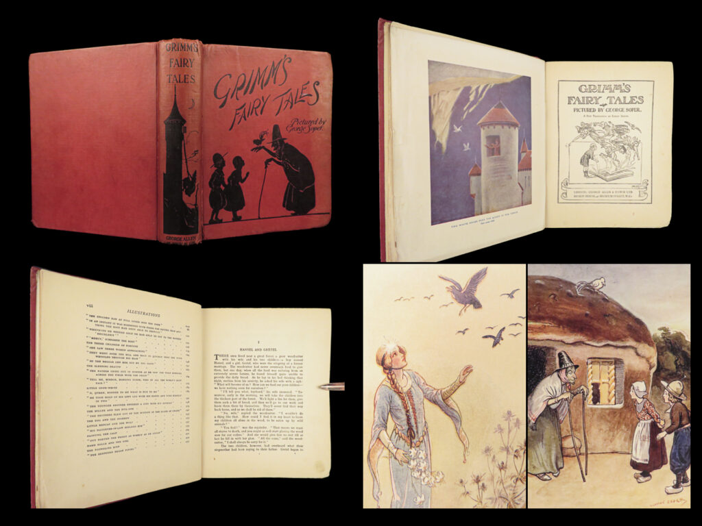 1923 grimm’s fairy tales brothers grimm sleeping beauty hansel & grethel soper |   a very rare printing of grimm’s<em> fairy tales</em>, with famous stories such as sleeping beauty, hansel and grethel, cinderella, and much more. Notably, the artwork throughout amplifies the charm of this collection, embellishing the text with visual narratives that help enhance readers’ enjoyment of these timeless tales!   published by allen and unwin, this edition includes illustrations by george soper, translated into english by ernest beeson.   item number: #26689 price: $499