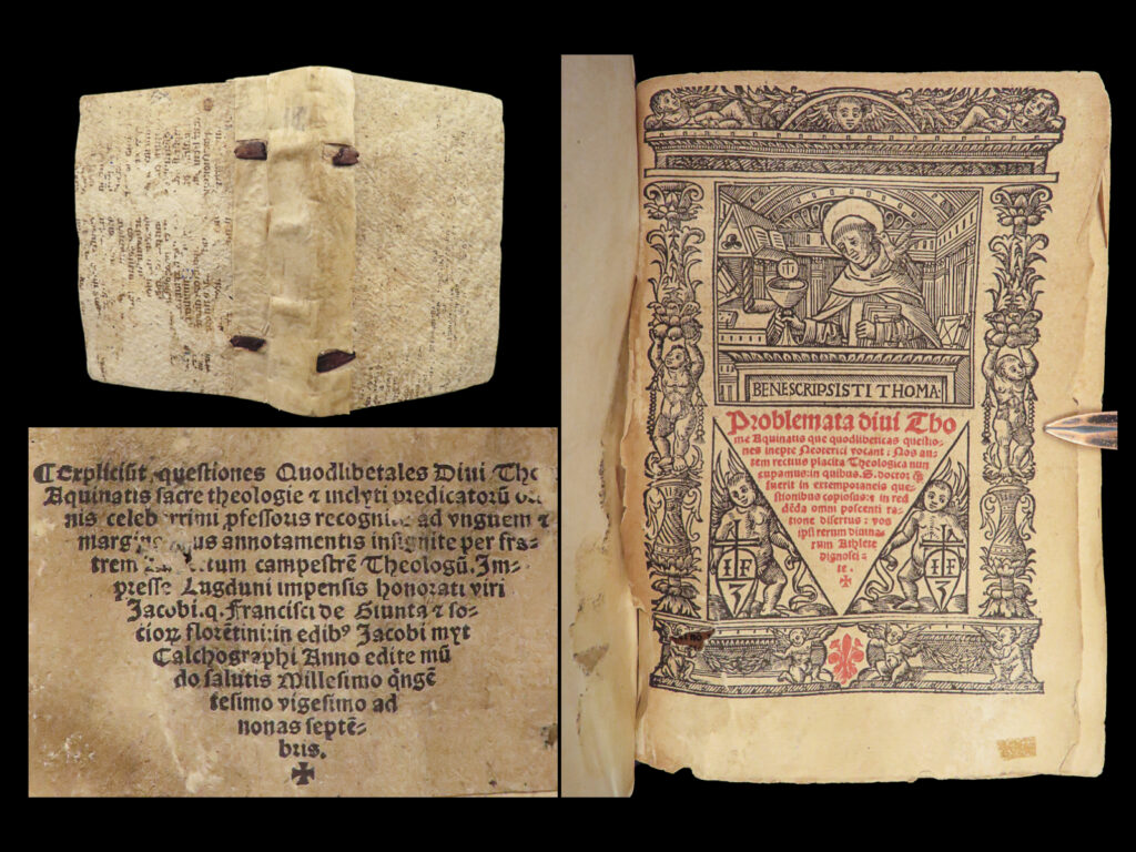 1520 thomas aquinas quodlibets post incunable catholic bible theology giunta rare | “<em>the truth can be perceived only through thinking</em>” ― thomas aquinas, <em>summa theologica</em>   thomas aquinas was a 13<sup>th</sup>-century dominican monk known as one of the most important and influential church fathers and catholic philosophers. His most important work was undoubtedly “<em>summa theologica</em>”, however, his minor writings such as “<em>quaestiones quodlibetales</em>” further proved his great philosophical mind. This work is a series of quodlibetic disputes that were held while he was magister in paris, seeking to solve problems – mainly that 13<sup>th</sup>-century students could take an active role in their education.   this 1520 printing of aquinas’s “<em>quodlibets</em>” was published by giunta and calchographi in lyon, printed in the style of post-incunable master printers.   item number: #28329 price: $1500